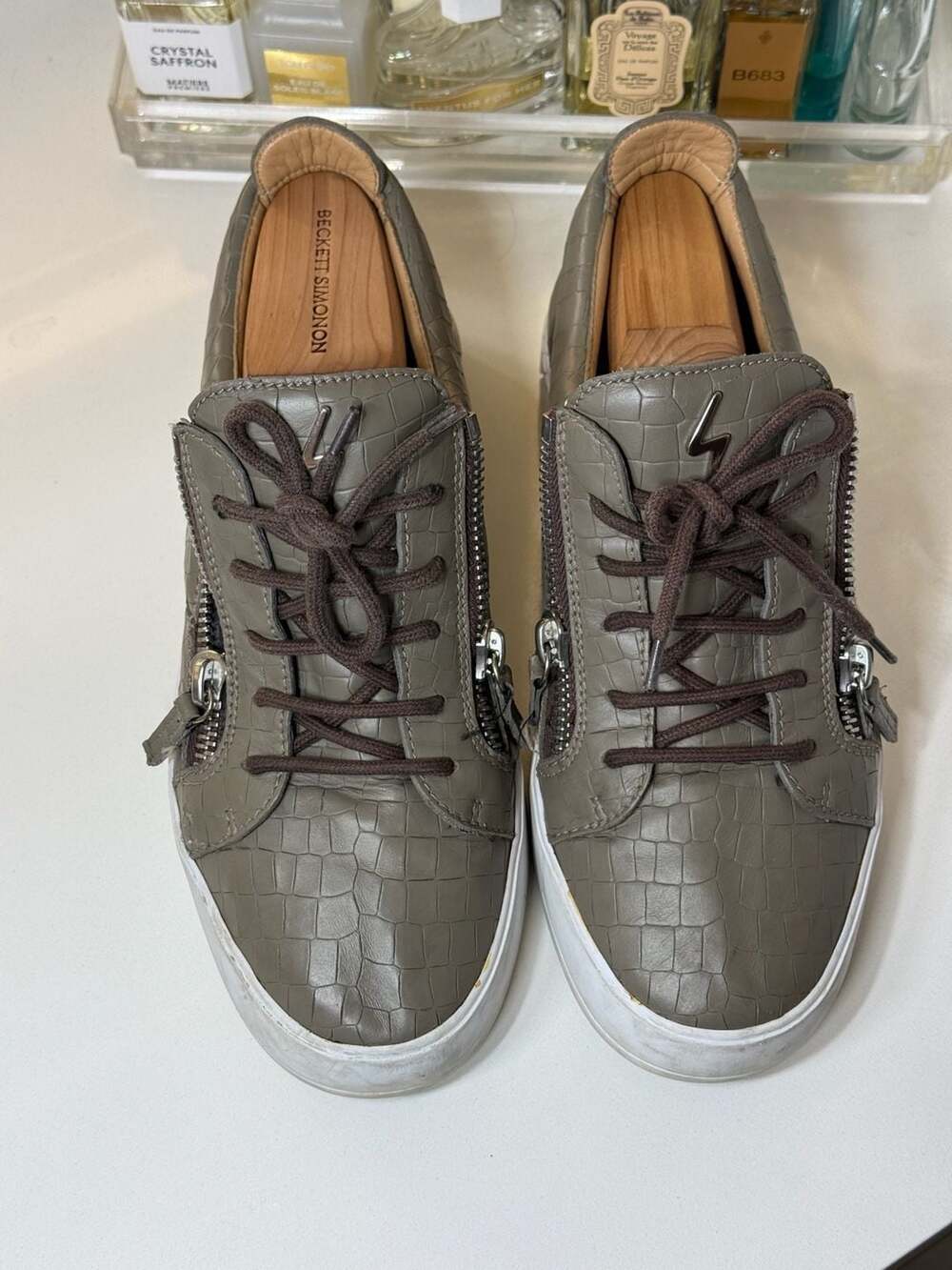 Giuseppe Zanotti Frankie Taupe Grey Croc-Embossed Double-Zip Low-Top Sneakers - Picture 2 of 9